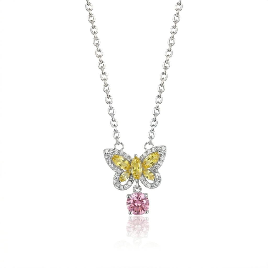 Colar Borboleta Cravejado Yellow Fancy e Pink
